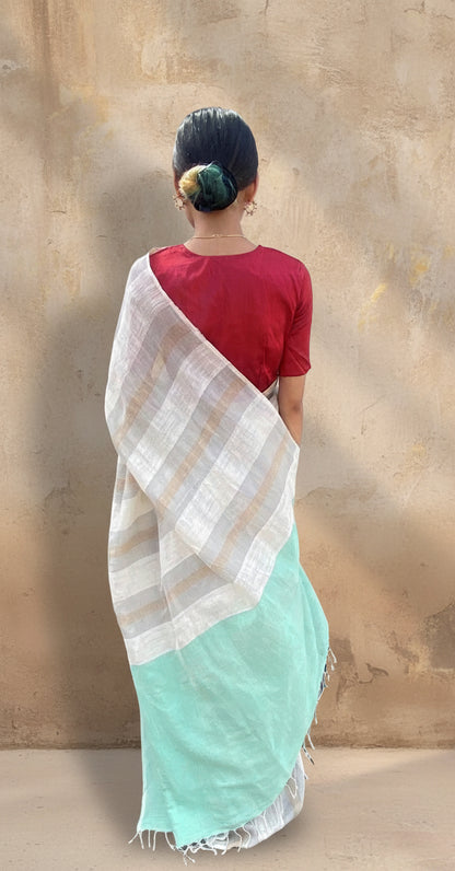 White striped handwoven linen saree
