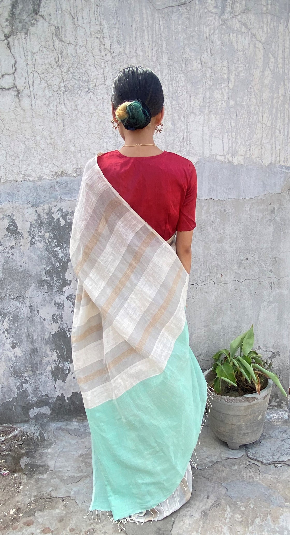 White striped handwoven linen saree