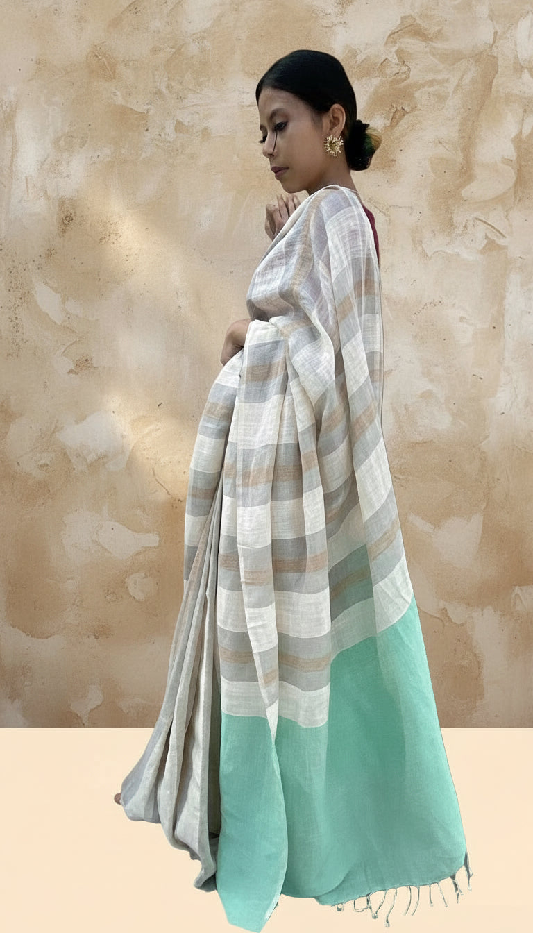 White striped handwoven linen saree