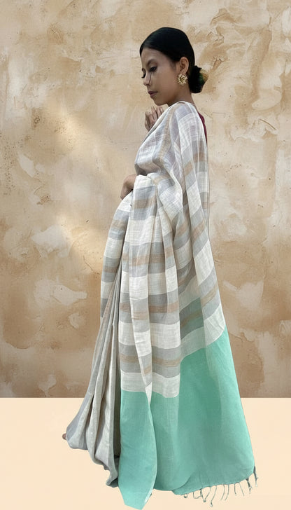 White striped handwoven linen saree