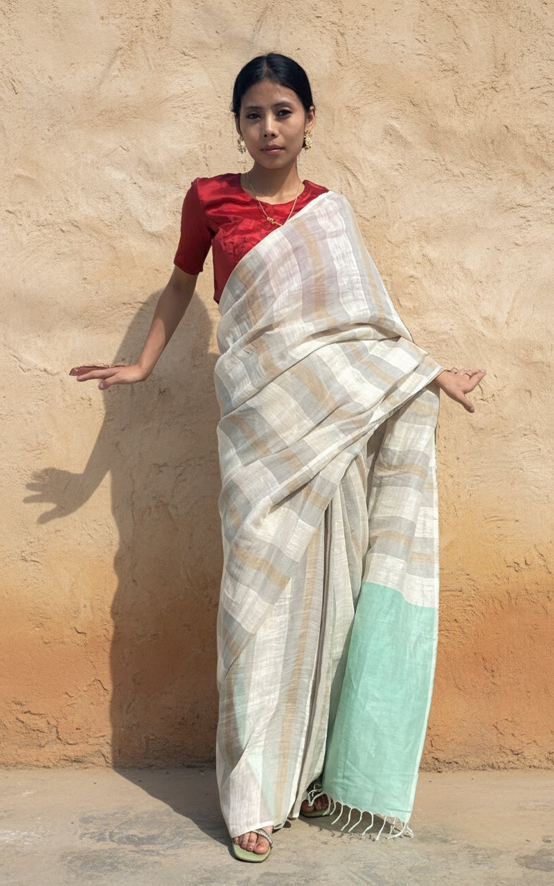 White striped handwoven linen saree