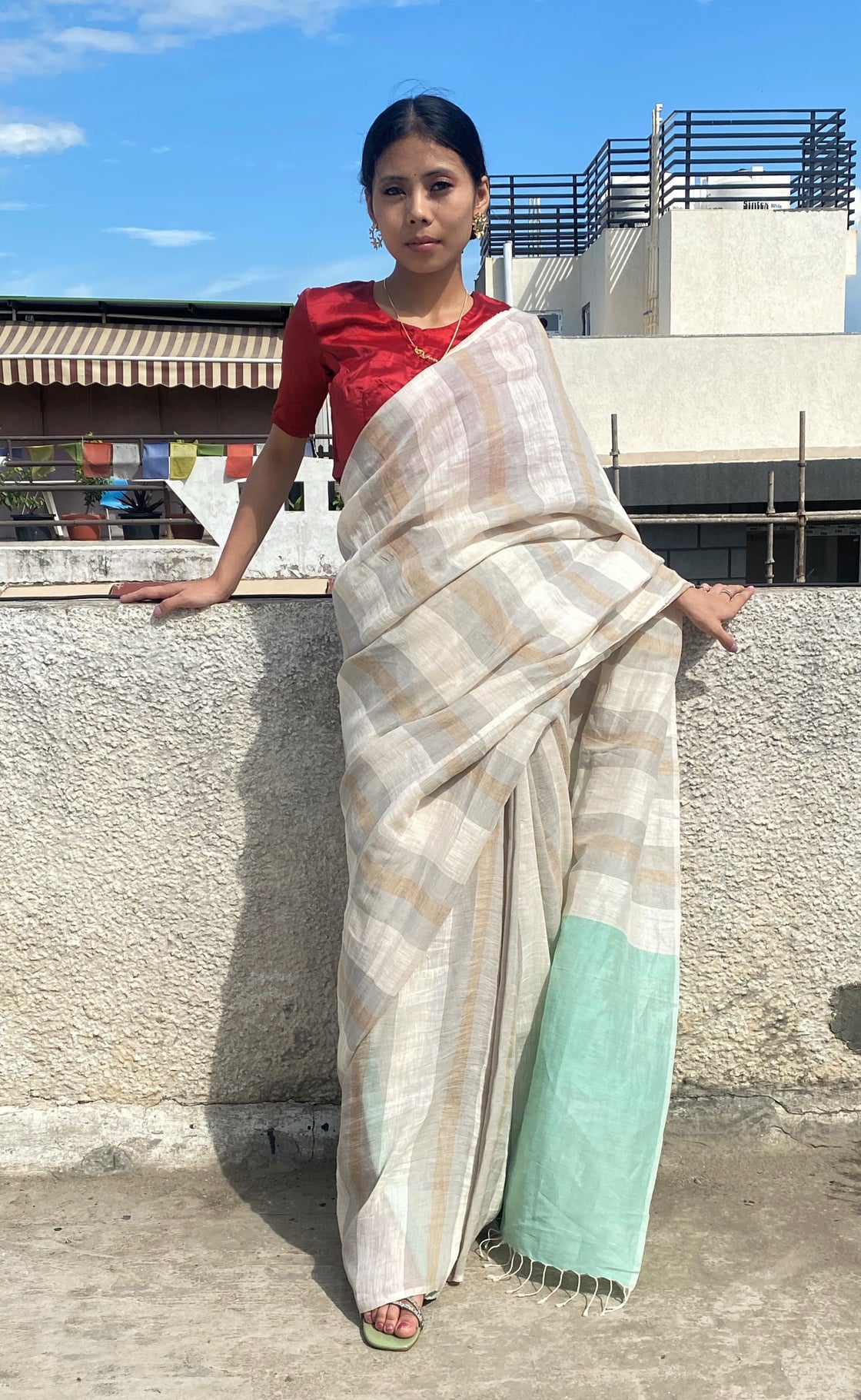 White striped handwoven linen saree