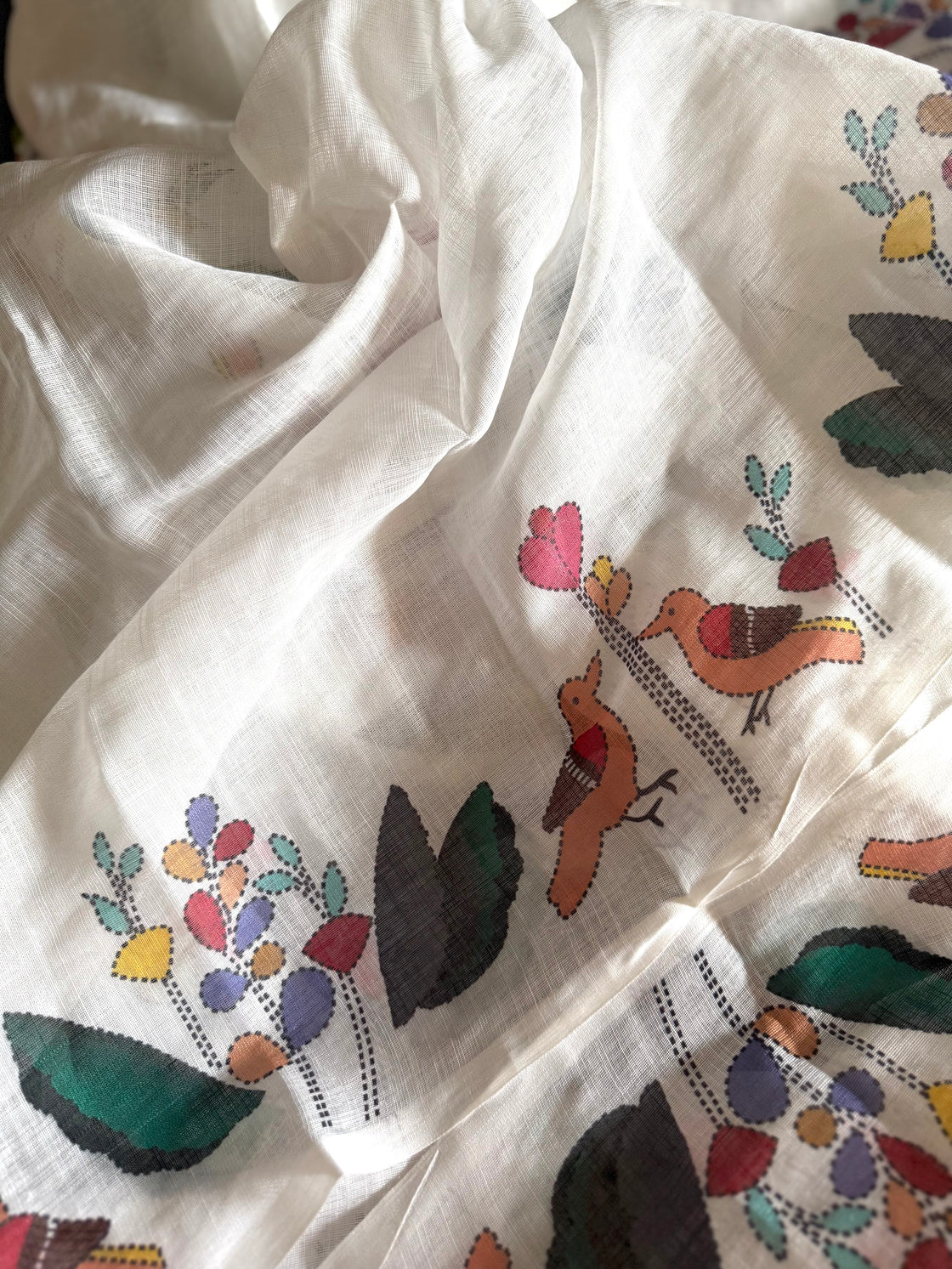 White linen cotton saree