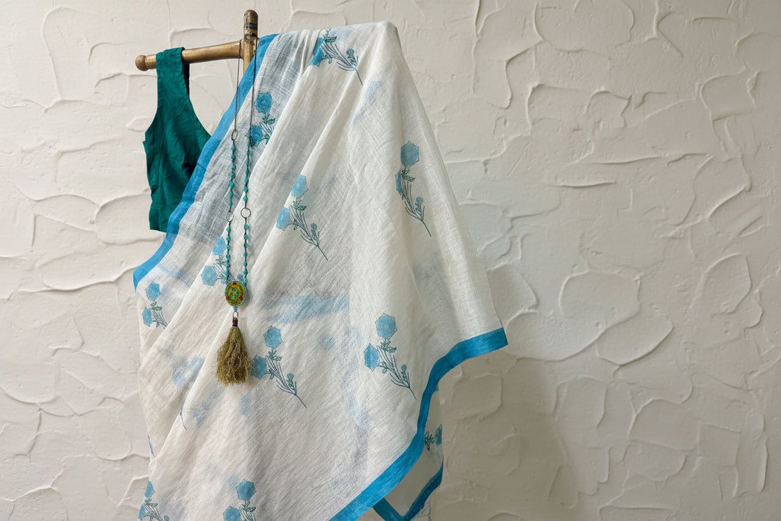 White linen cotton print saree