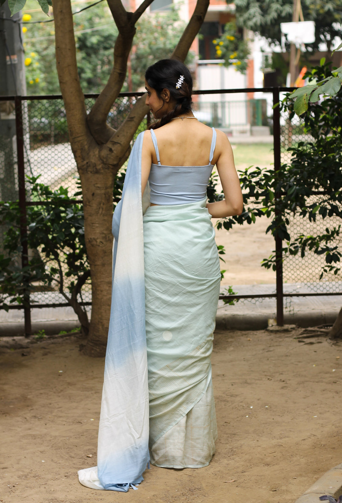 Blue endless summer block printed mulmul saree