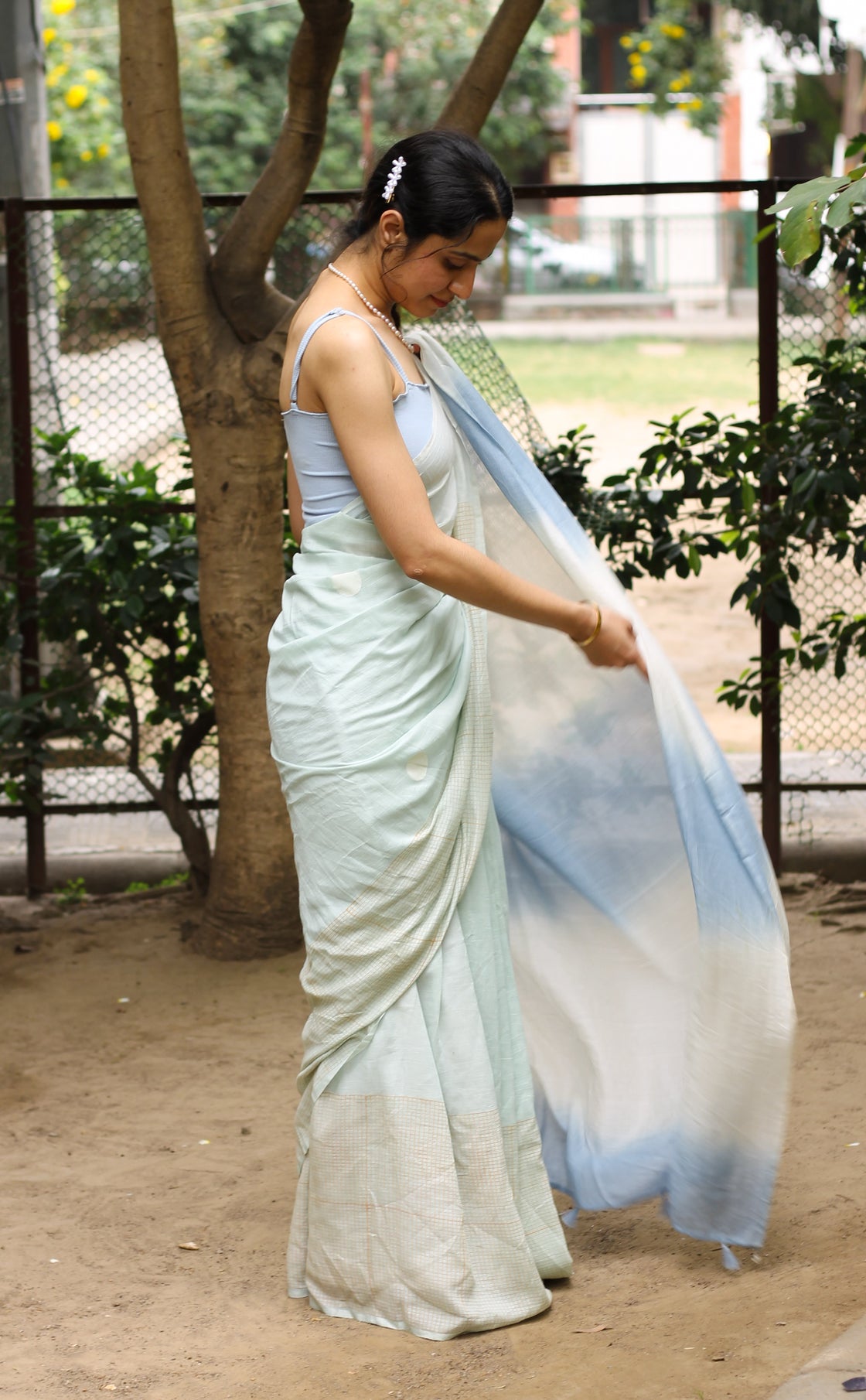 Blue endless summer block printed mulmul saree