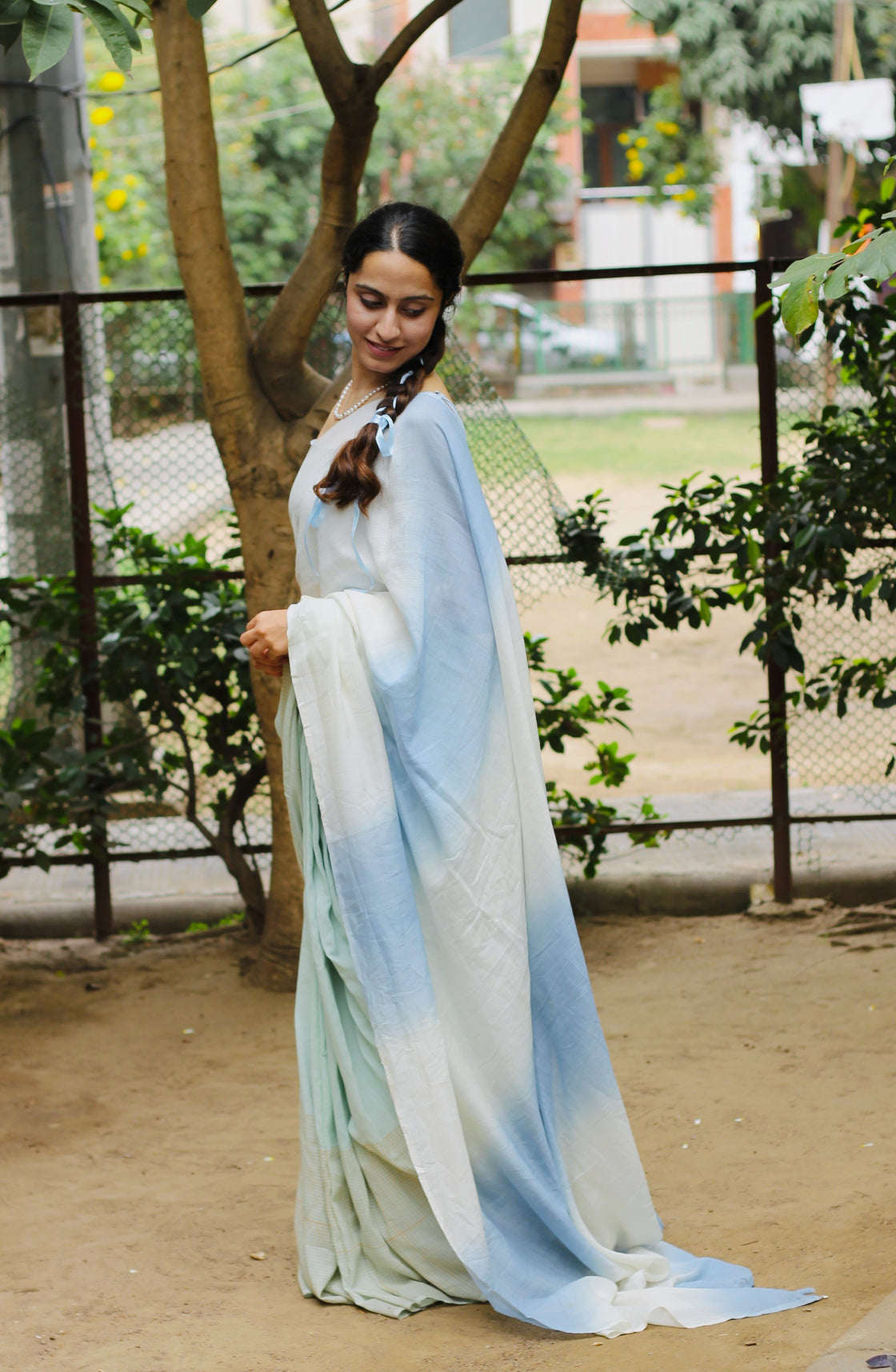 Blue endless summer block printed mulmul saree