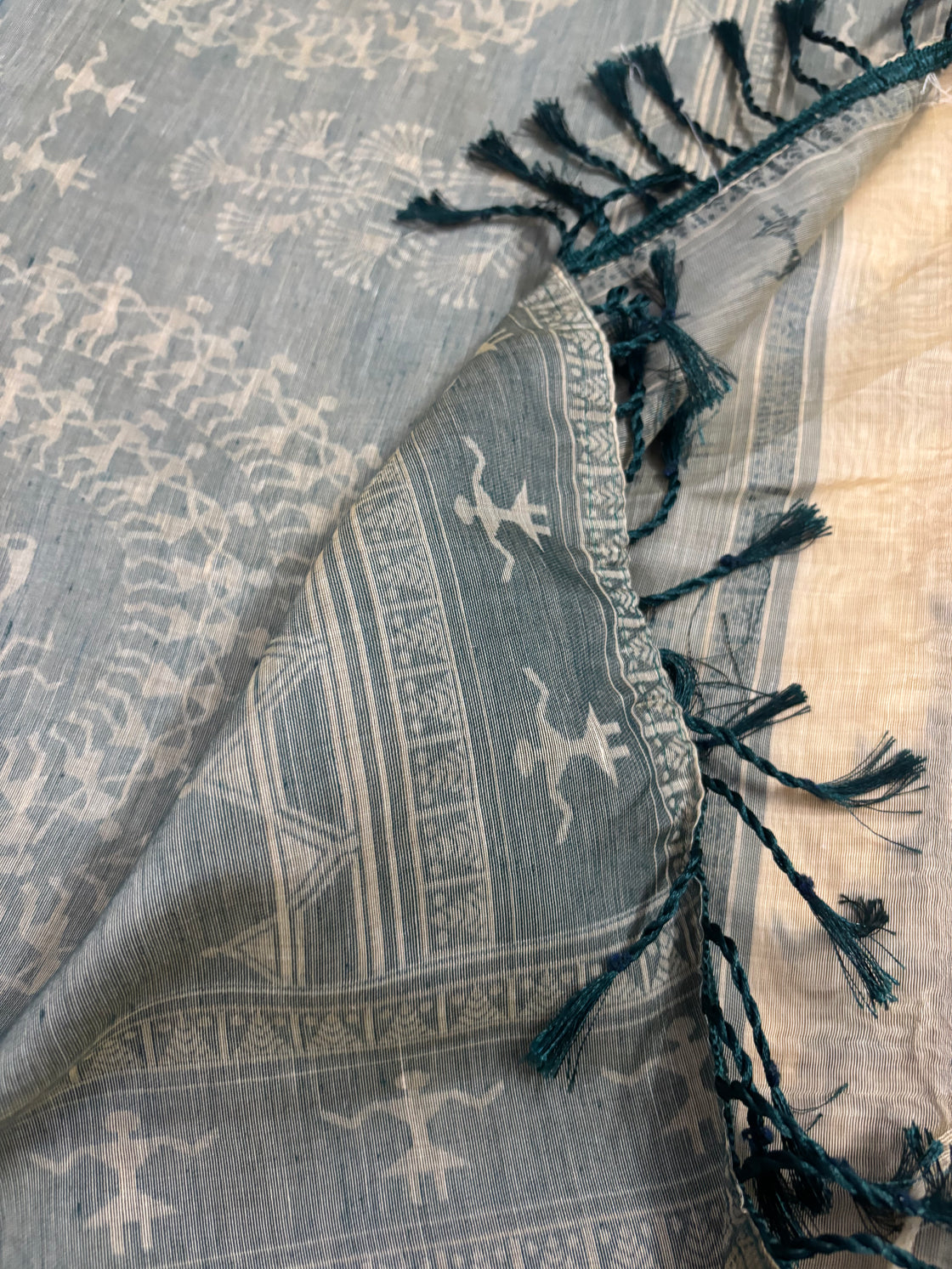 Teal green varli Chanderi cotton saree