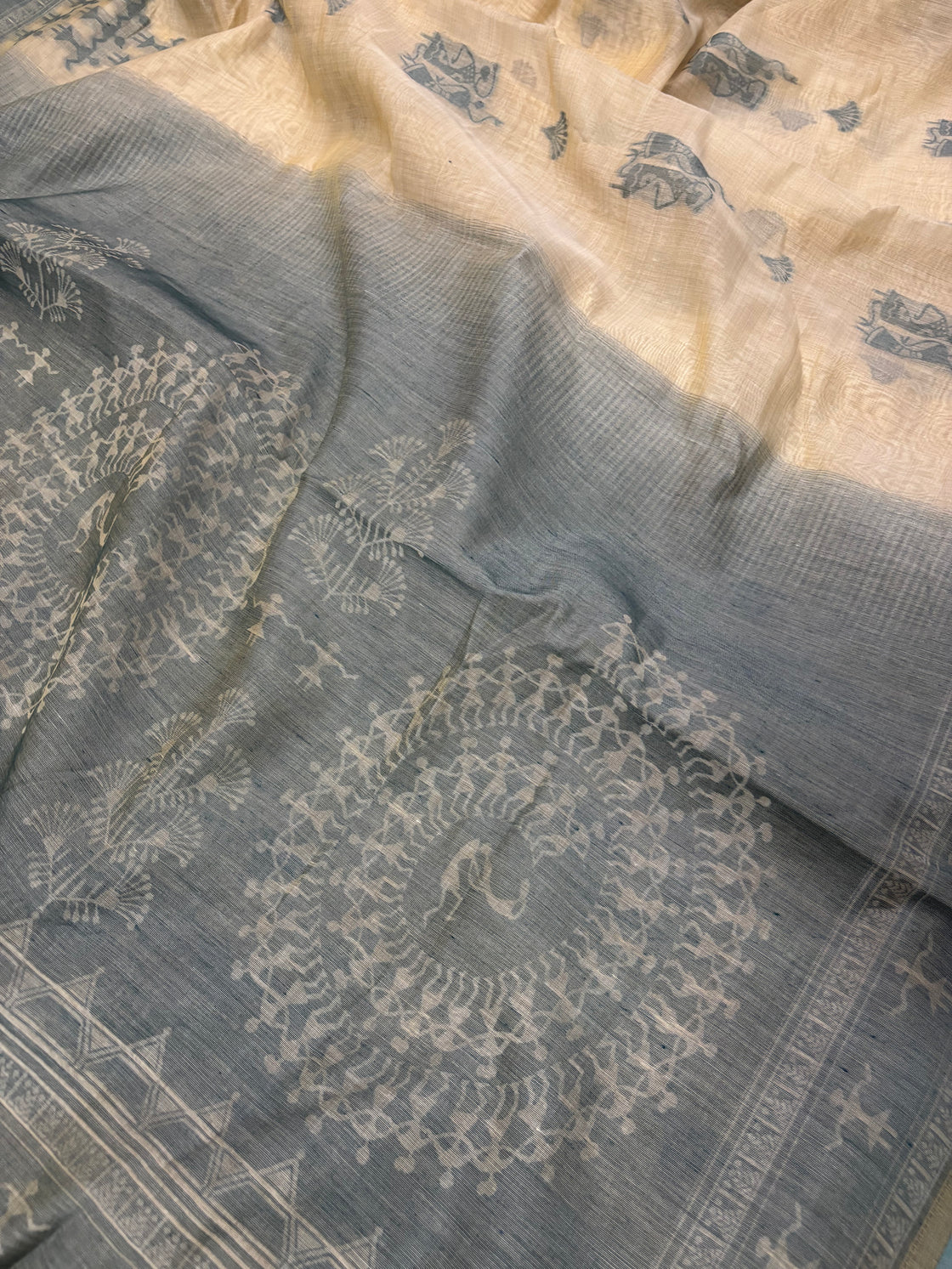 Teal green varli Chanderi cotton saree