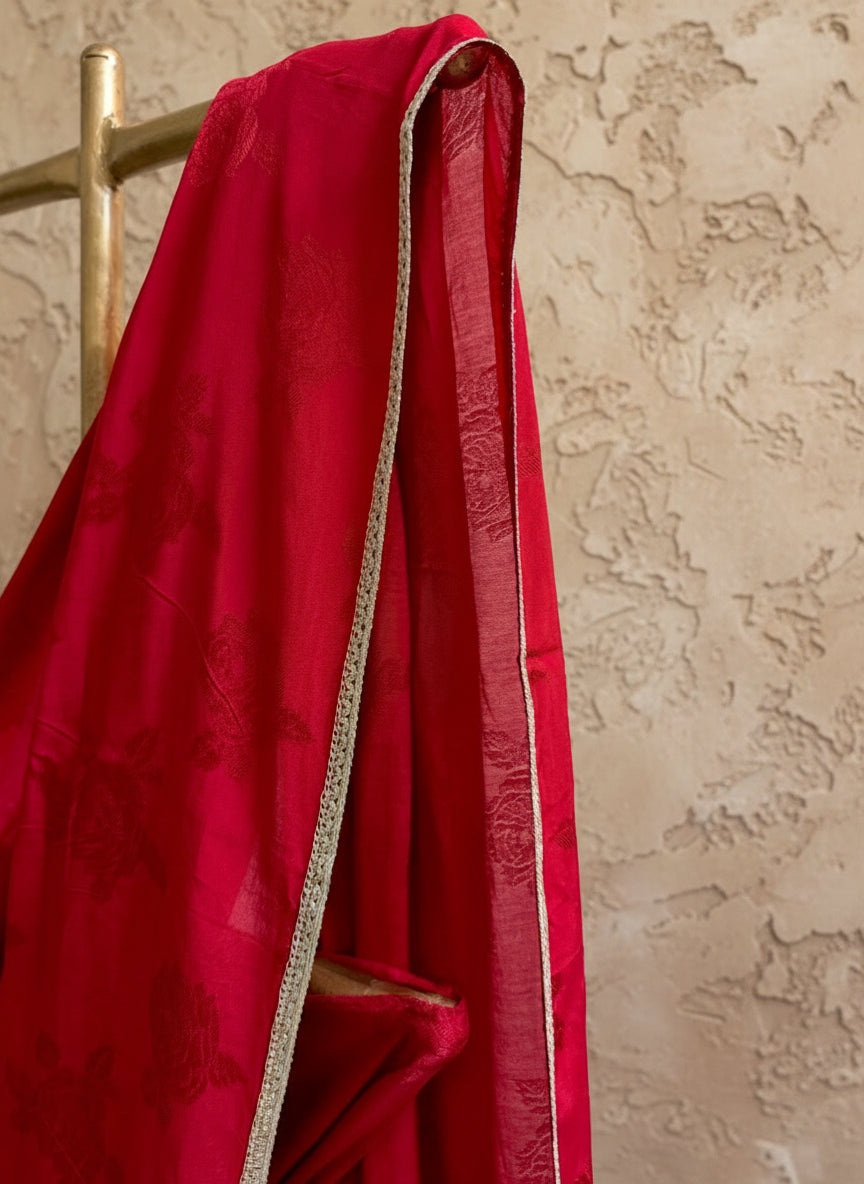 Red rose self print silk Saree