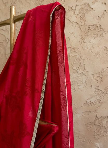 Red rose self print silk Saree