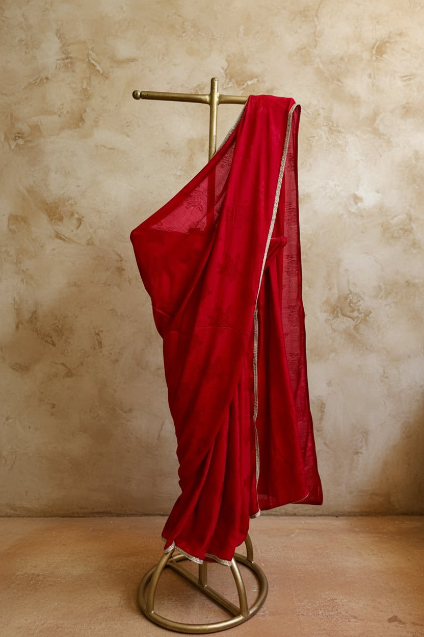 Red rose self print silk Saree