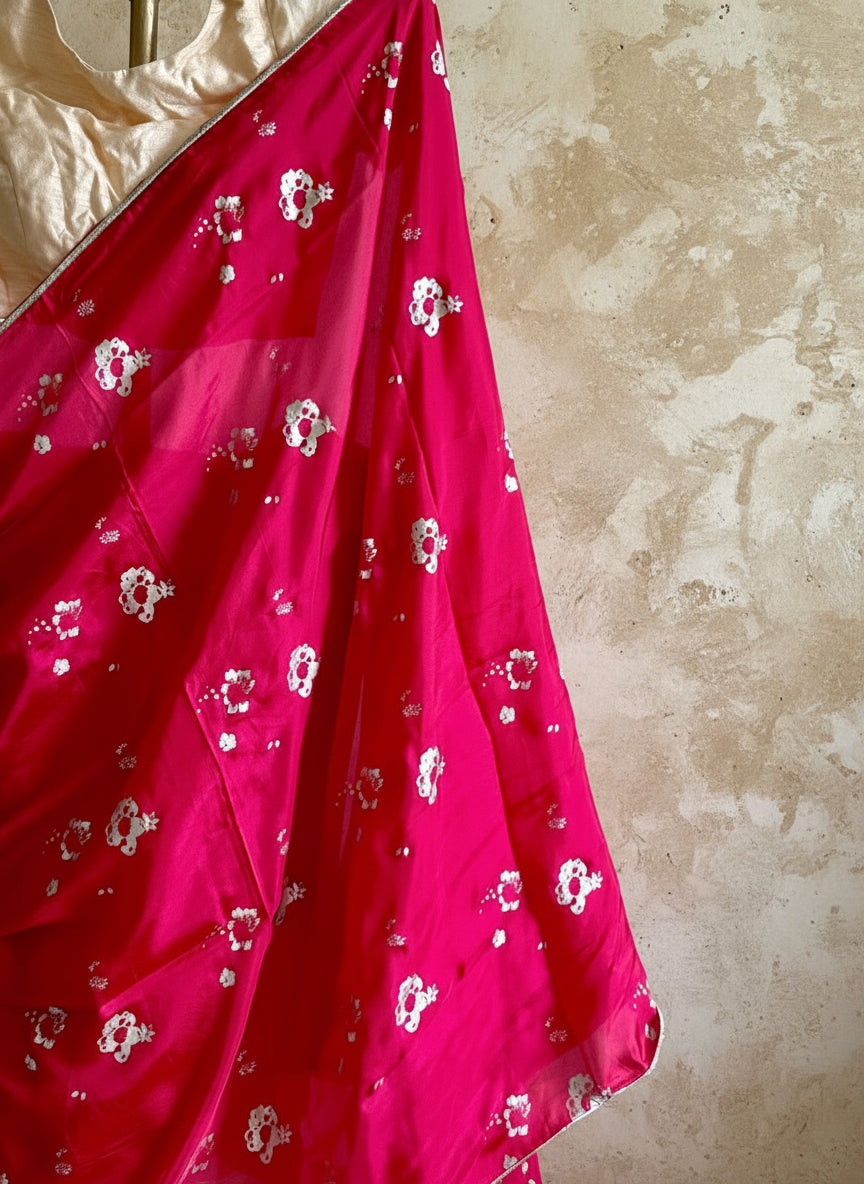 Pink hand blockprinted silk saree