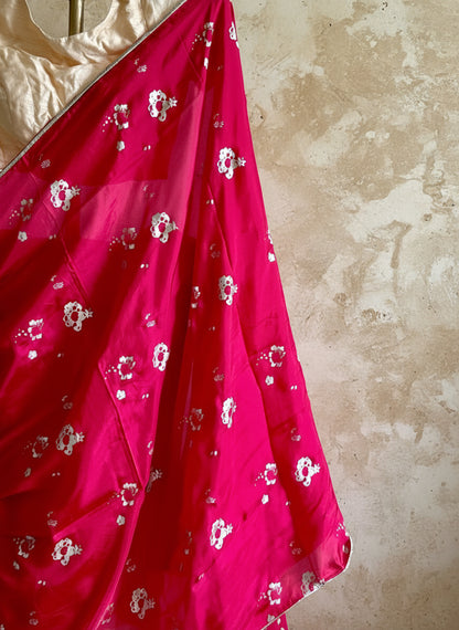 Pink hand blockprinted silk saree