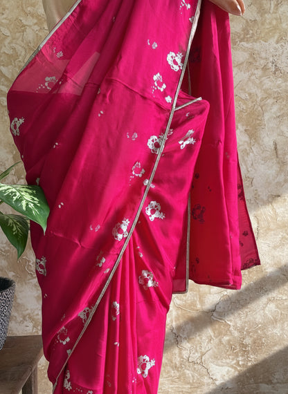 Pink hand blockprinted silk saree