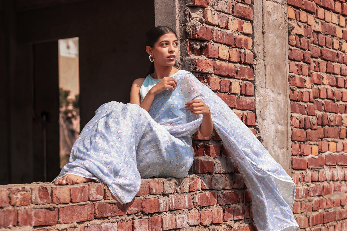 Blue georgette printed saree