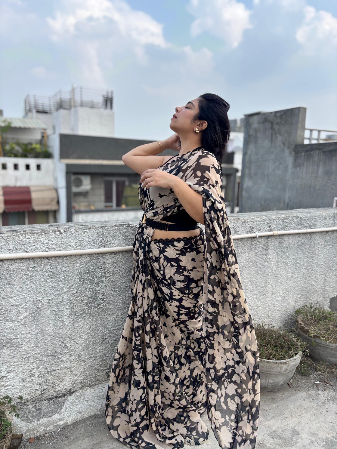 Black floral chiffon saree