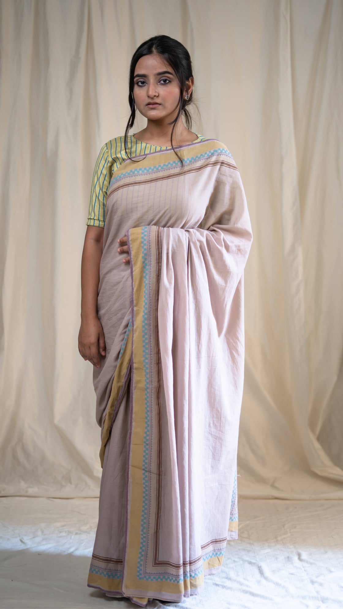 Old rose hand blockprinted cotton saree