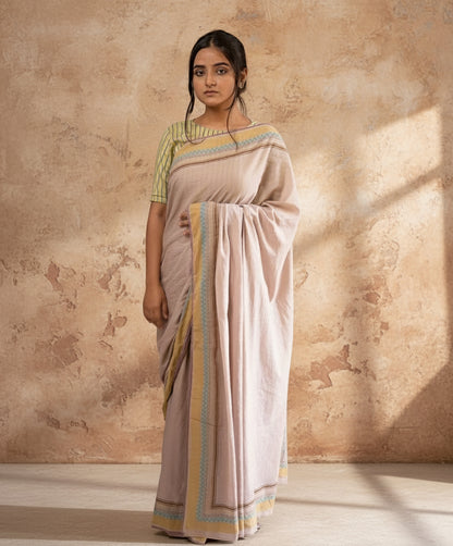 Old rose hand blockprinted cotton saree