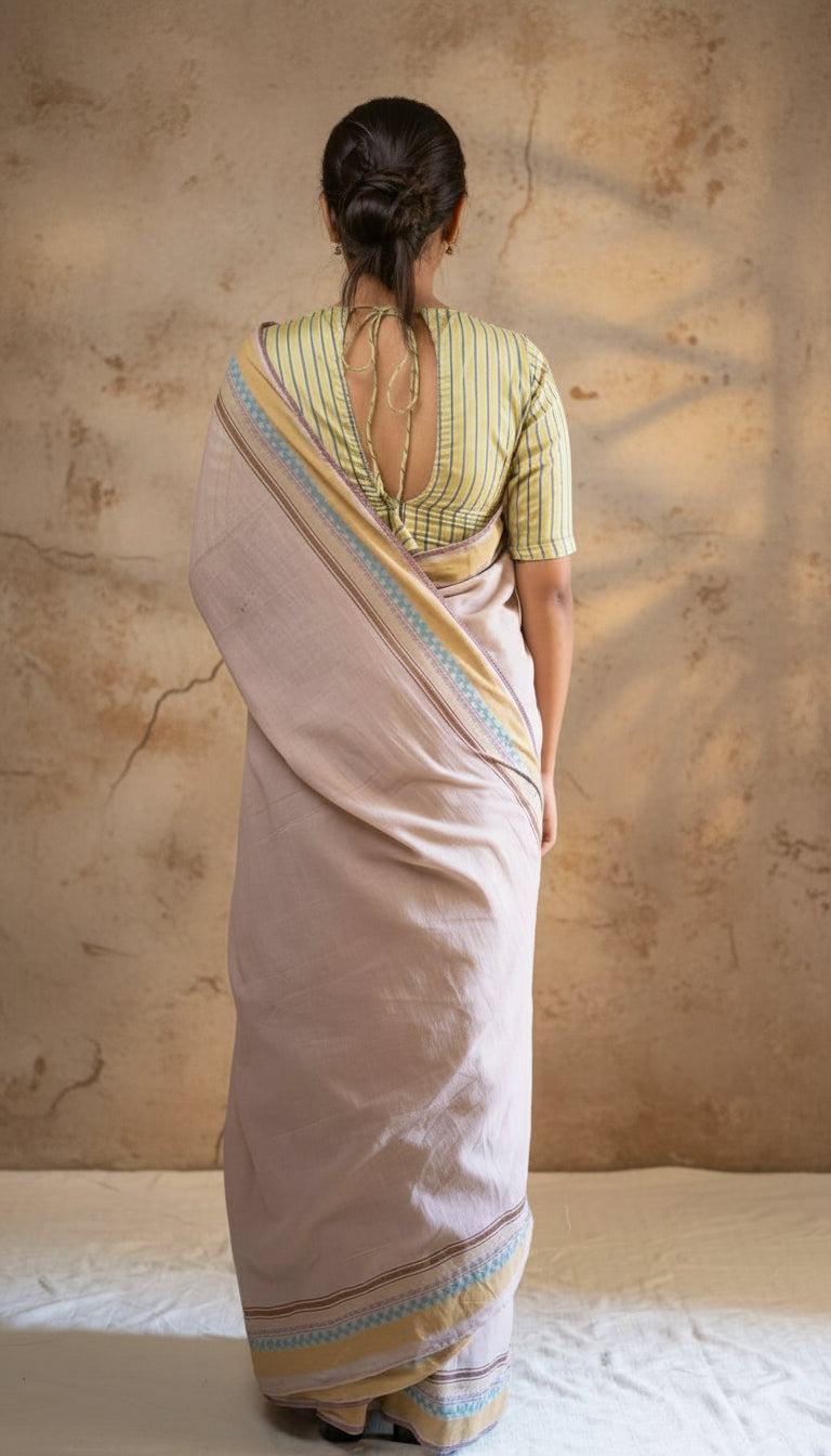Old rose hand blockprinted cotton saree