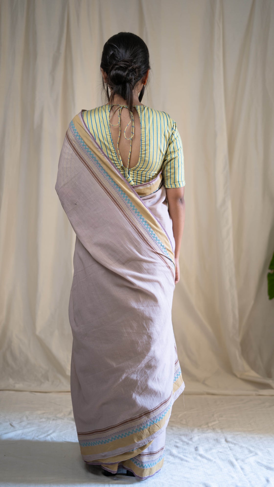 Old rose hand blockprinted cotton saree