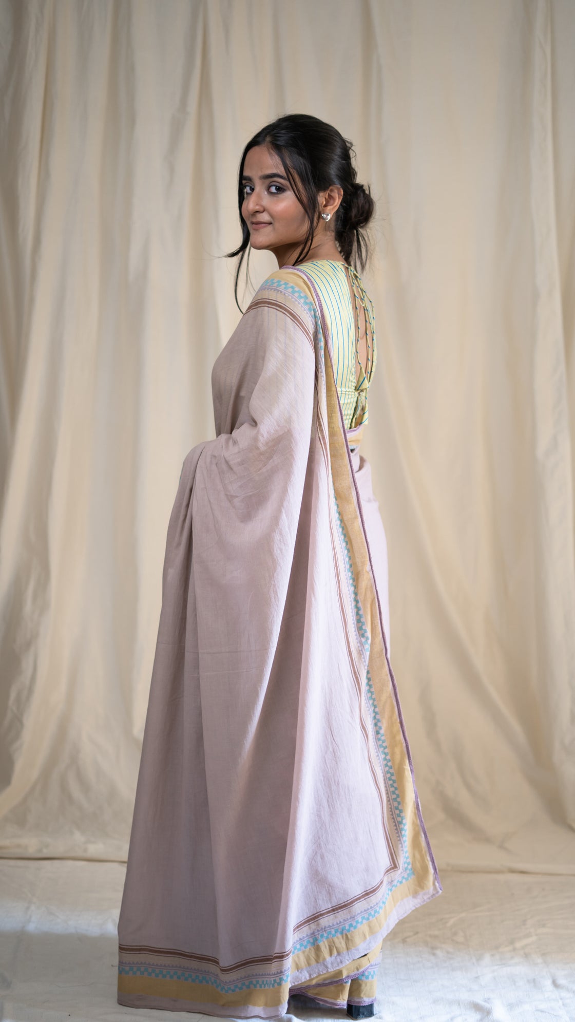 Old rose hand blockprinted cotton saree