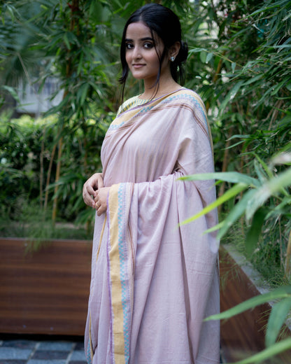 Old rose hand blockprinted cotton saree