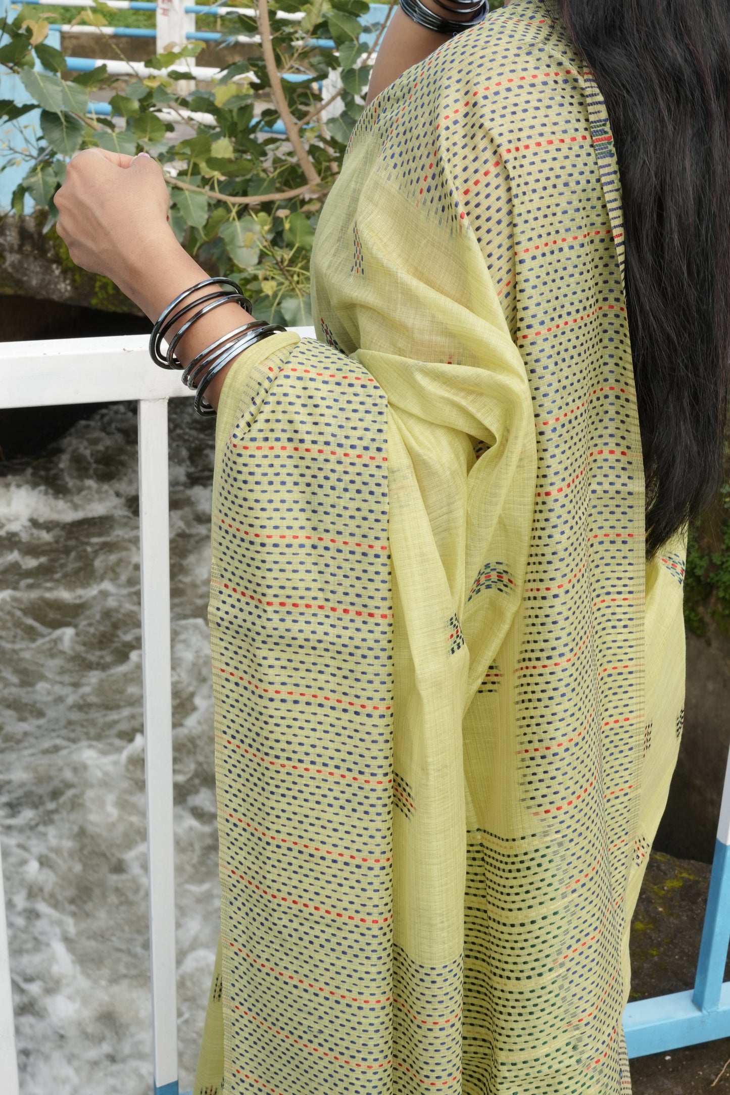 Green chanderi cotton kantha saree