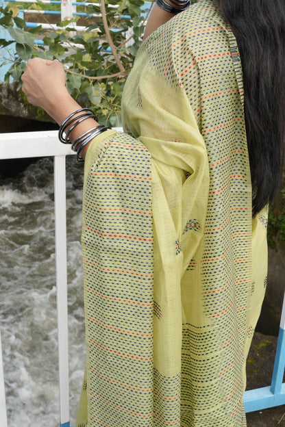 Green chanderi cotton kantha saree