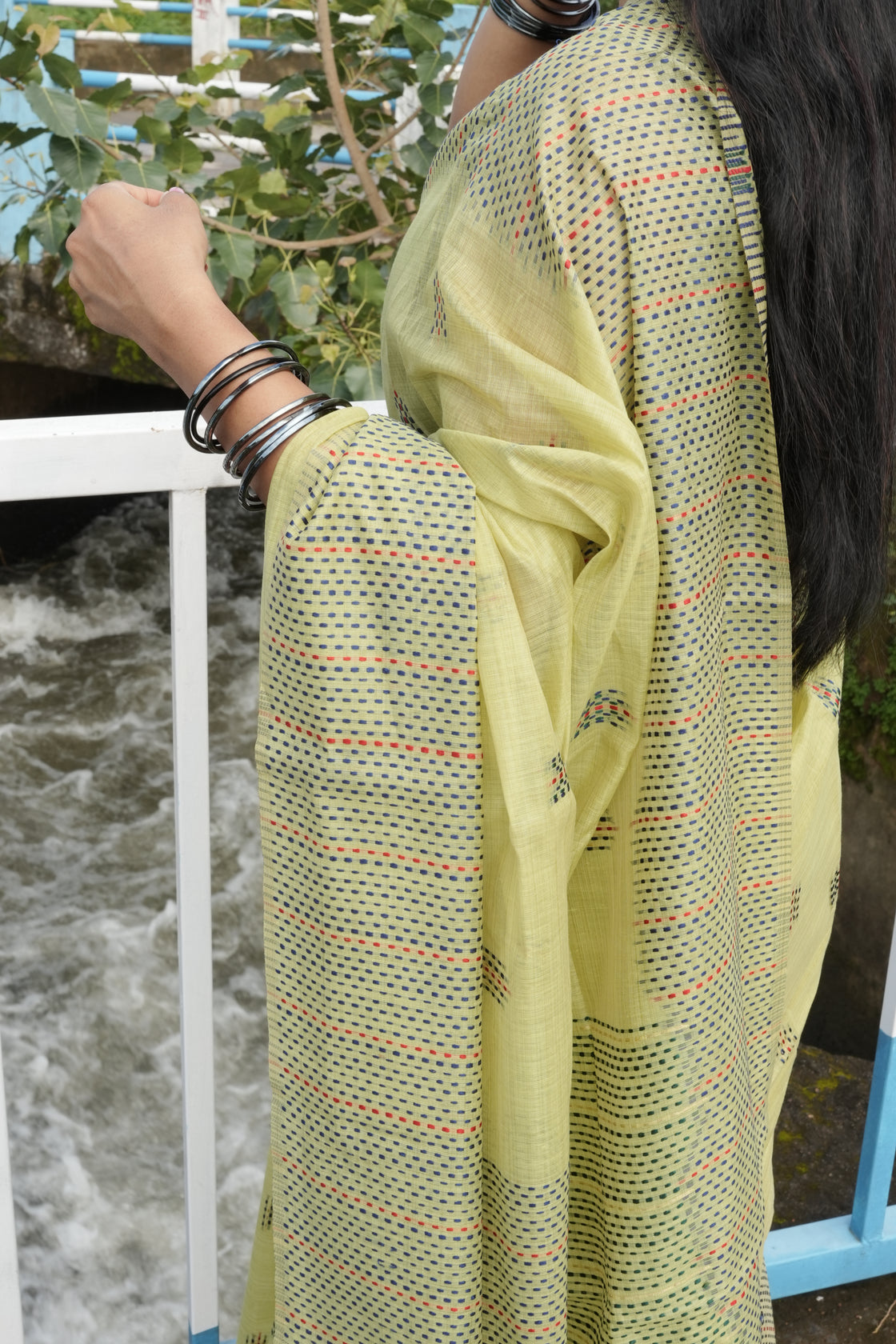 Green chanderi cotton kantha saree
