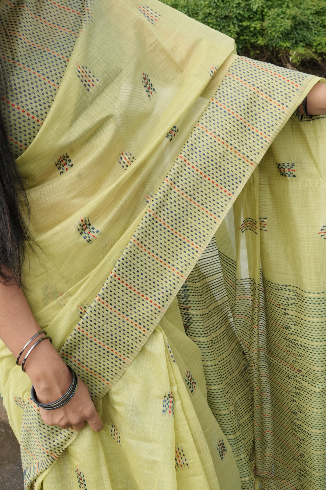Green chanderi cotton kantha saree