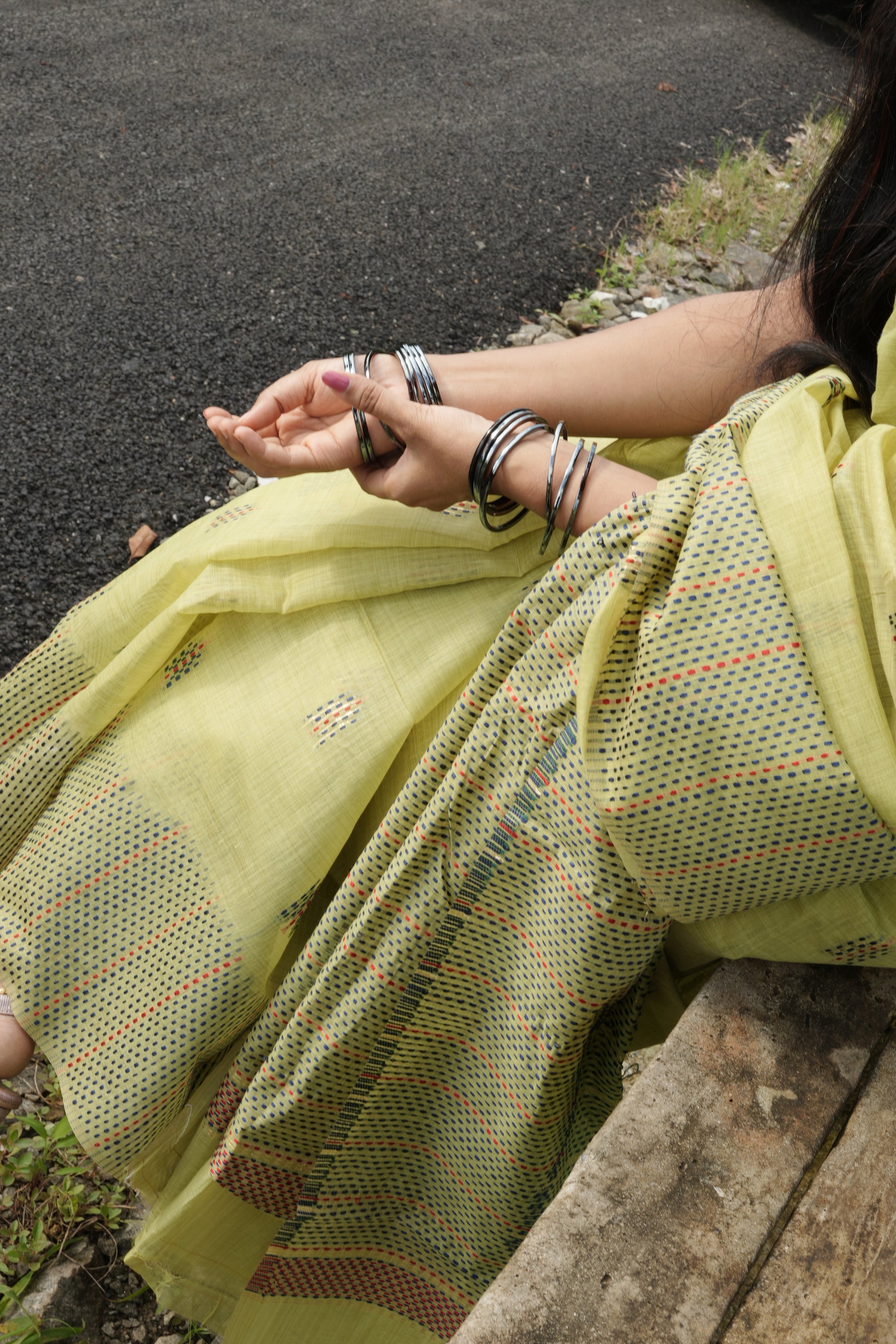 Green chanderi cotton kantha saree