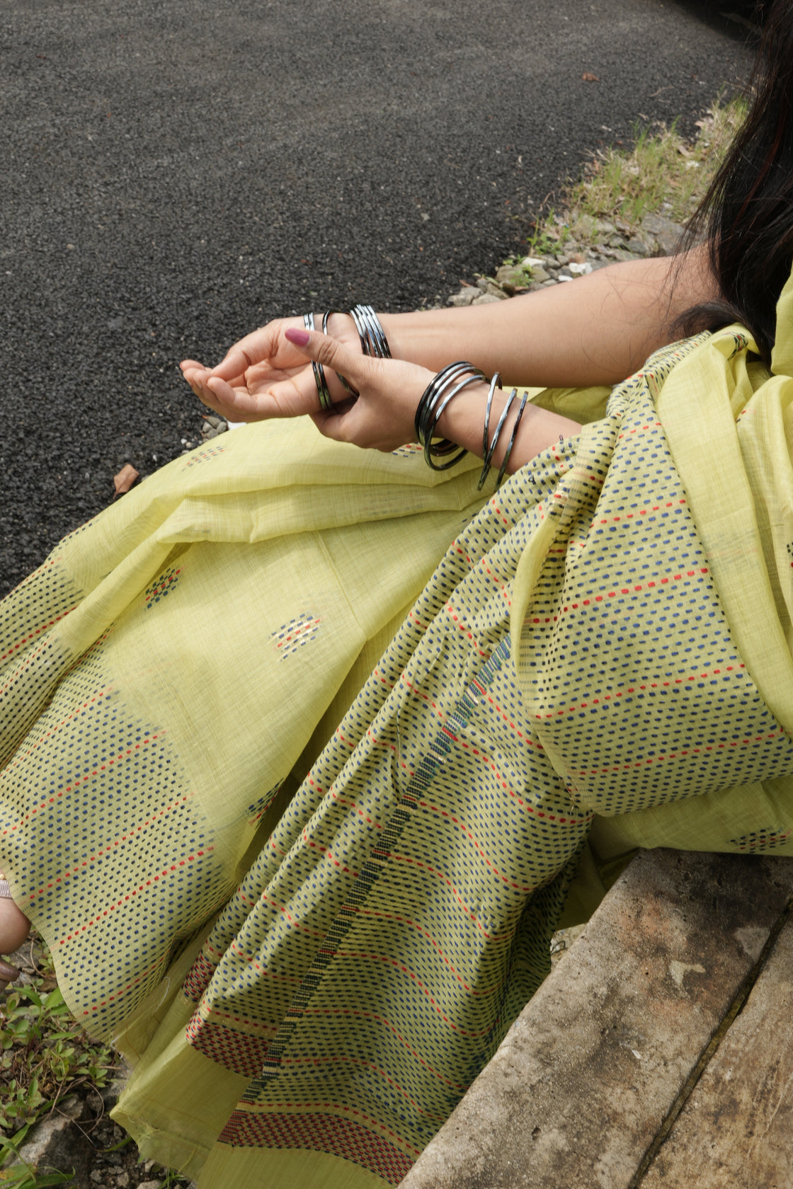 Green chanderi cotton kantha saree