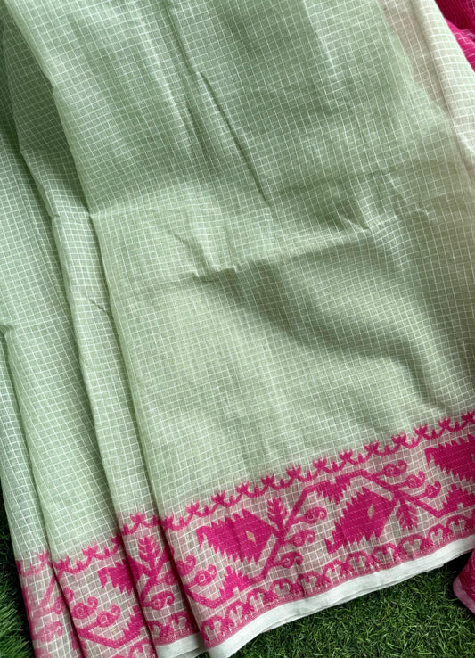 Green Pink Bengal Jamdani Cotton Saree