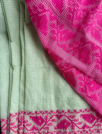 Green Pink Bengal Jamdani Cotton Saree