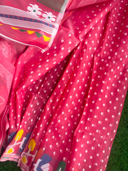 Carrot Red Bengal Jamdani saree