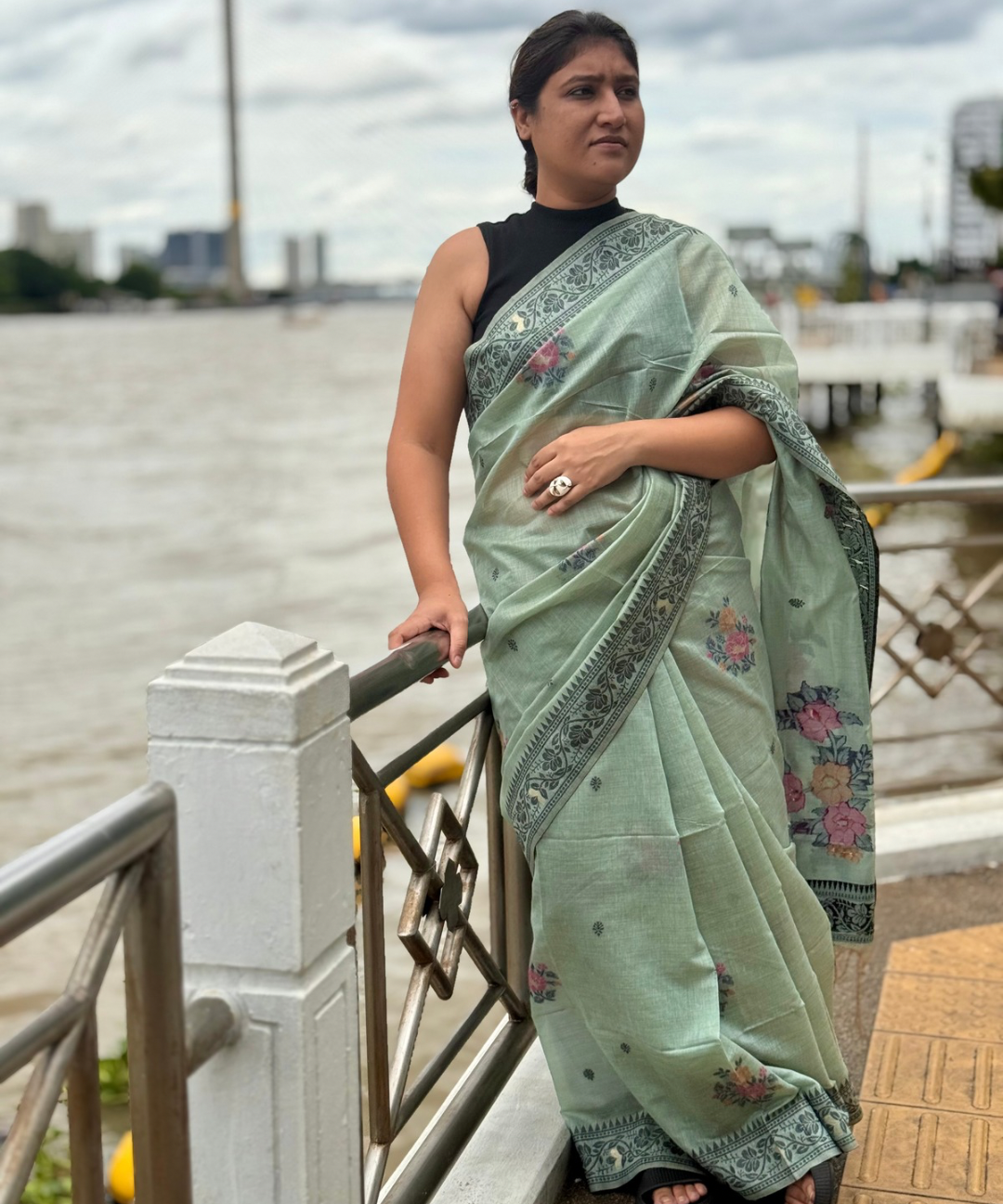 Sage green chanderi cotton jamdani saree