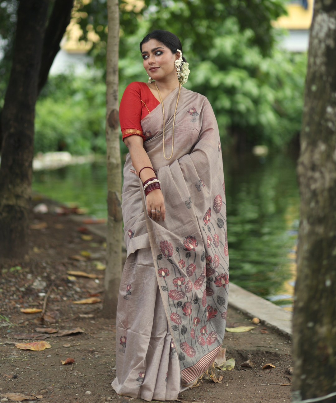 Brown chanderi cotton lotus saree