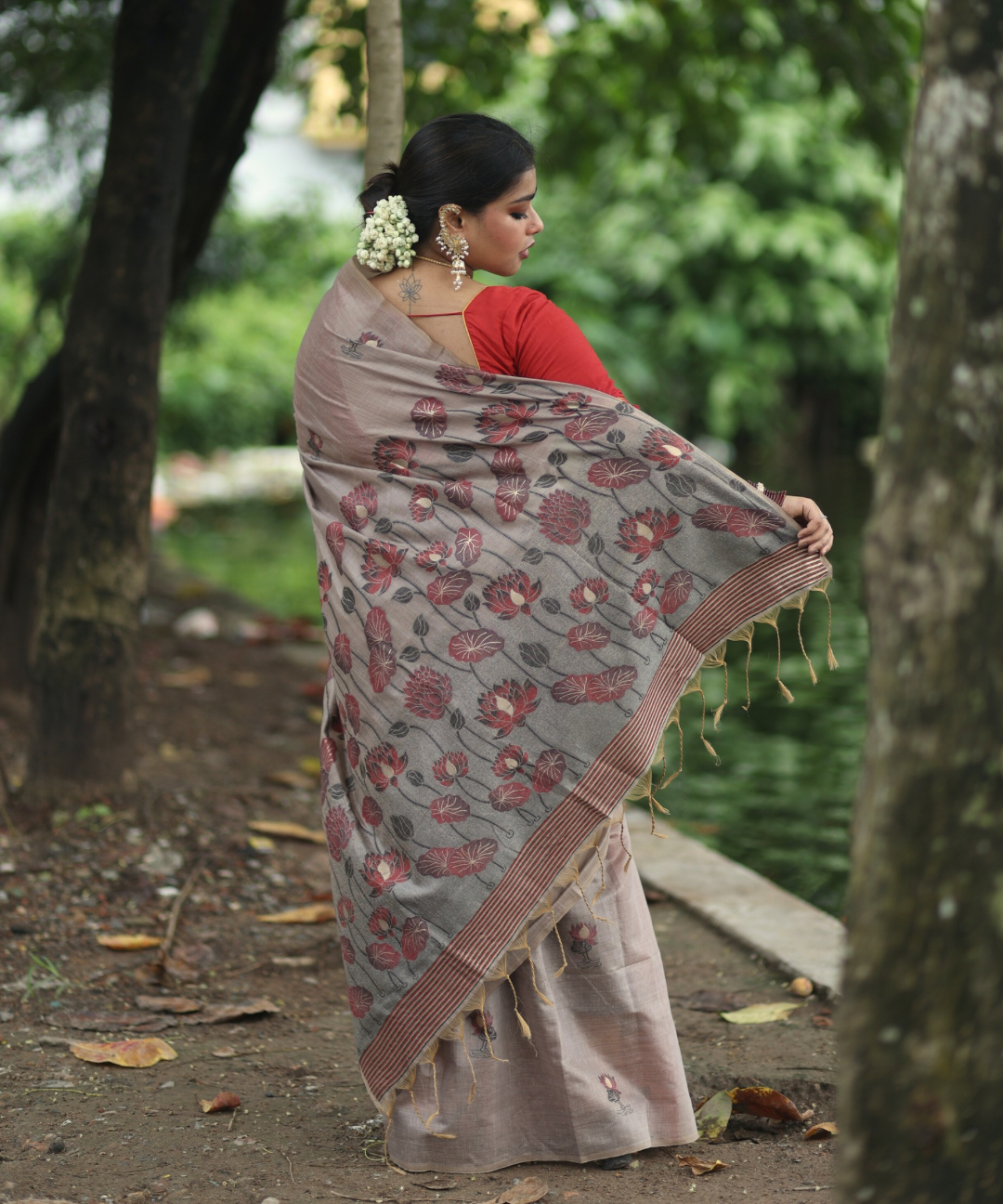 Brown chanderi cotton lotus saree
