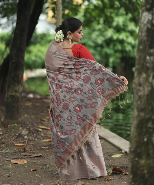 Brown chanderi cotton lotus saree