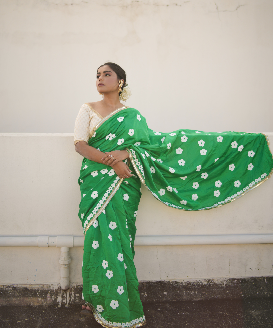 Green blockprinted chanderi silk saree
