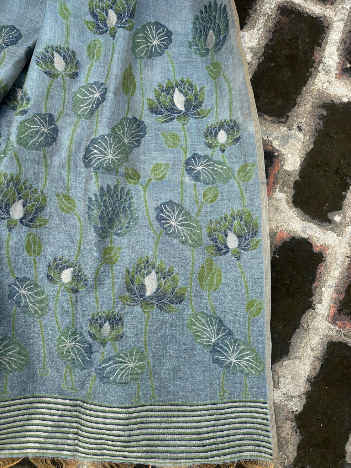 Grey-Blue chanderi cotton lotus saree