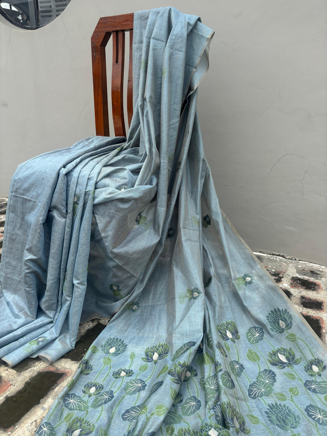 Grey-Blue chanderi cotton lotus saree