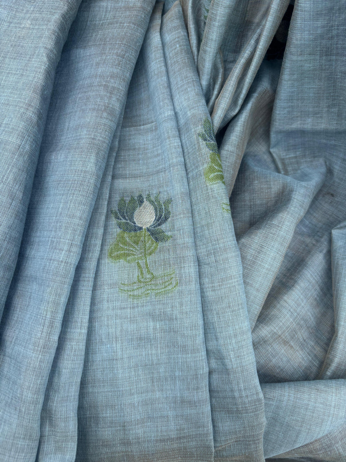 Grey-Blue chanderi cotton lotus saree