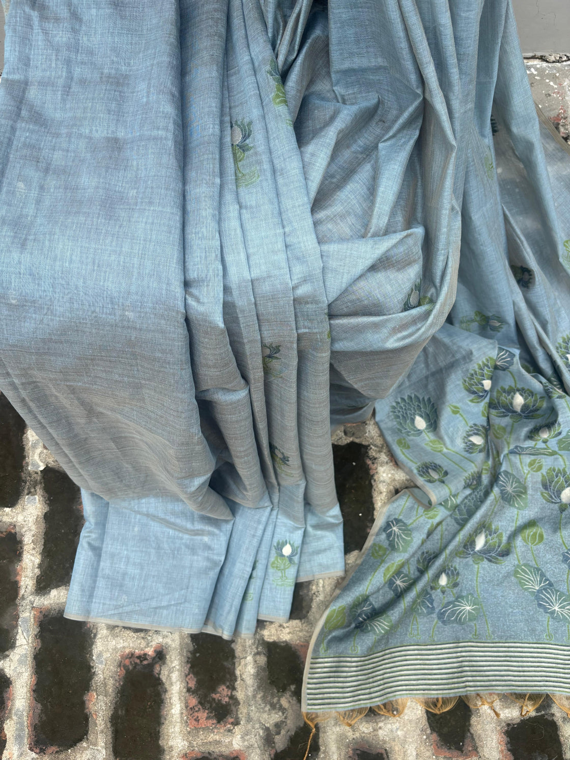 Grey-Blue chanderi cotton lotus saree