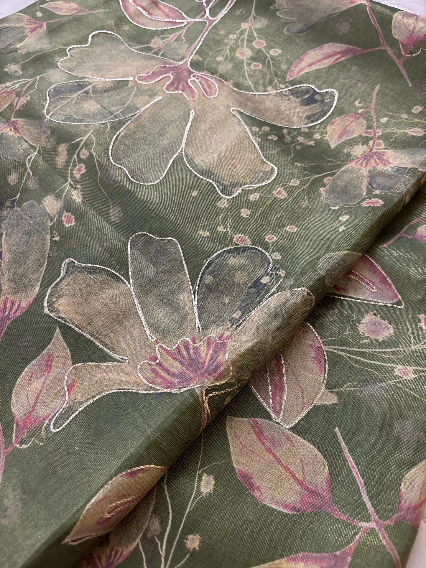 Green abstract tissue silk saree