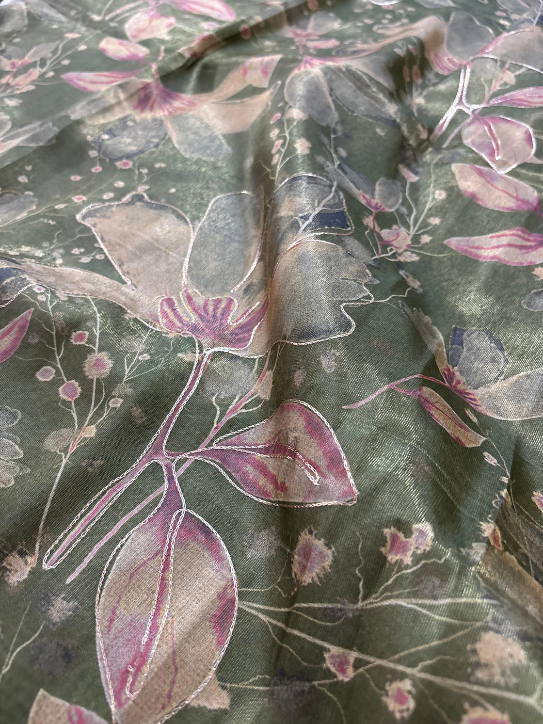Green abstract tissue silk saree