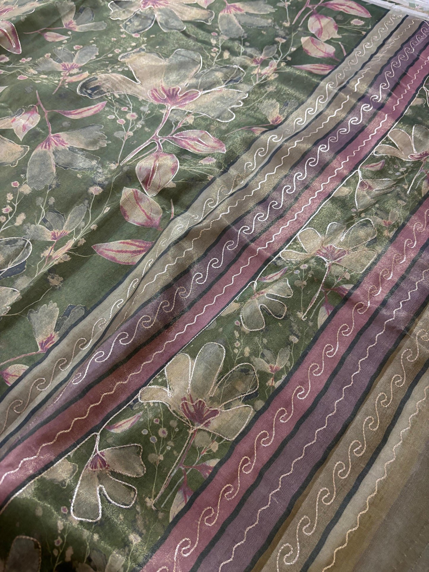 Green abstract tissue silk saree