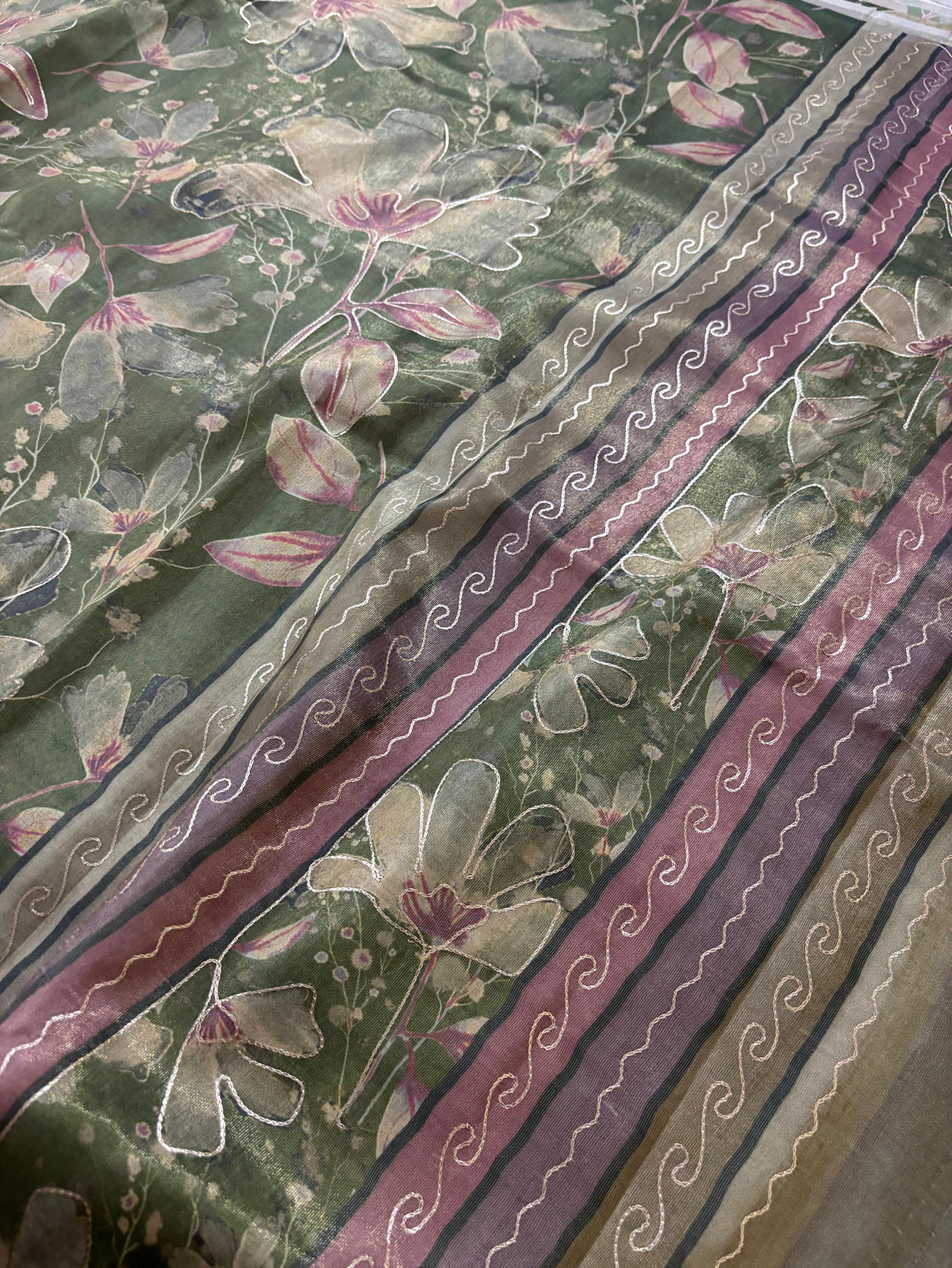 Green abstract tissue silk saree