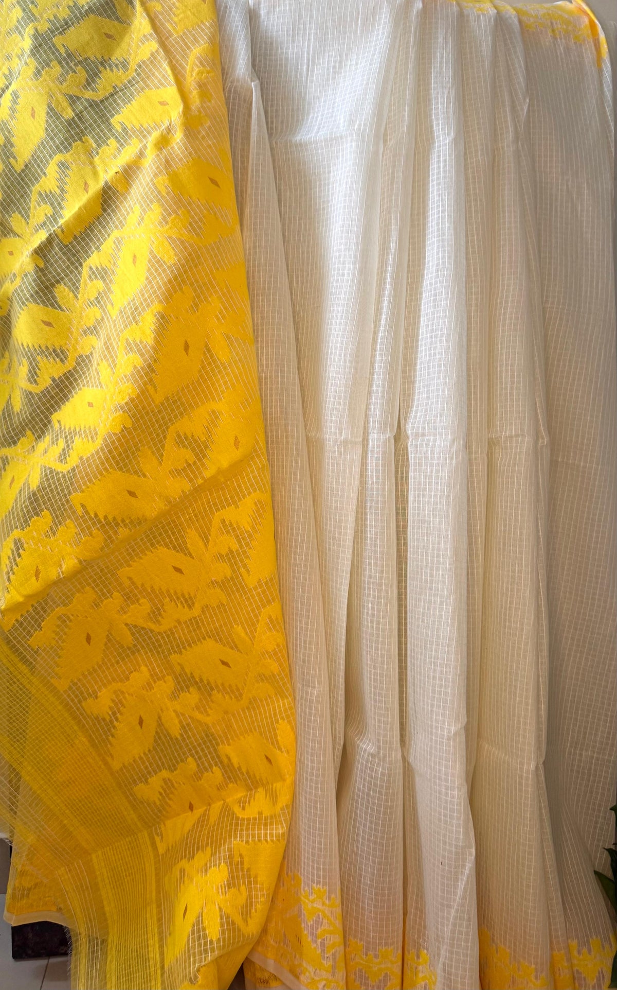 White Yellow Self Checks Bengal Jamdani saree